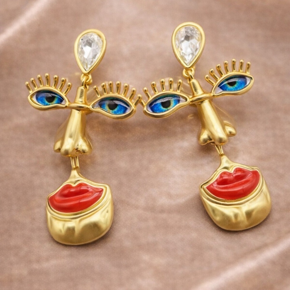 Vintage Surrealism Gold Blue Eyes Earrings